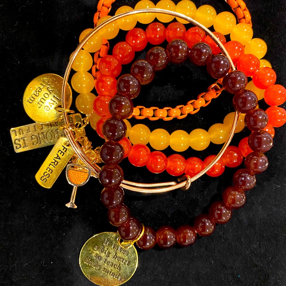 Gold and Orange Glass Beaded Bracelet Set Qty (5) pieces